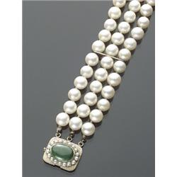 Cultured Pearl and Green Jadeite Jade Bracelet, The triple strand having fifty-seven pearls mea...