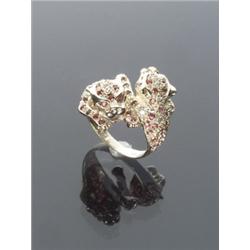 14-Karat Yellow Gold Diamond and Ruby Twin Panther Head Bypass Dinner Ring, Set with fourteen r...