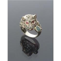 14-Karat Yellow Gold Diamond Ruby and Emerald Panther Head Ring, Set with approximately fifty r...