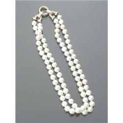 Choker Length Cultured Pearl and Diamond Necklace, Knotted, The double strand having seventy-ei...