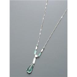 Platinum, Emerald and Diamond Pendant and Gold Chain, Set with a cabochon teardrop emerald weig...