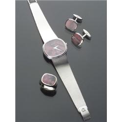 18-Karat White Gold and Rhodochrosite Gentleman's Automatic Wristwatch, Ring and Cuff Link Set, O...