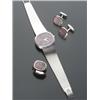 Image 1 : 18-Karat White Gold and Rhodochrosite Gentleman's Automatic Wristwatch, Ring and Cuff Link Set, O...