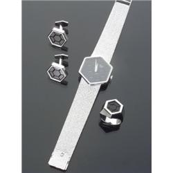 18-Karat White Gold and Black Onyx Gentleman's Manual-Wind Wristwatch, Ring and Cuff Link Set, Ch...