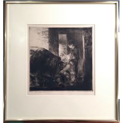 Edmund Blampied The Cider Barrel. 1928-29. Drypoint. Appleby 134. 10 5/8 x 10 1/2 (sheet 15 7/8 x 12