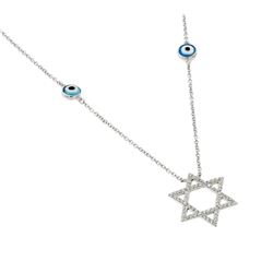 Sterling Silver Rhodium Plated Round Evil Eye and Star of David Necklace BGP00979
