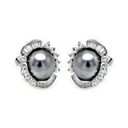 Rhodium Plated Brass Clear CZ Grey Pearl Center Earring bbe00031