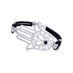 Sterling Silver Rhodium Plated Open Hamsa Black Cord Charm Bracelet bgb00068