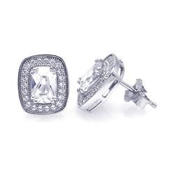 Sterling Silver Rhodium Plated Micro Pave Clear Square Inlay CZ Earring ace00035