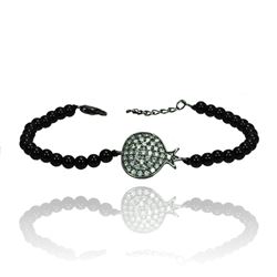 Sterling Silver Rhodium Plated Circle Crown CZ Inlay Black Bead Bracelet bgb00140