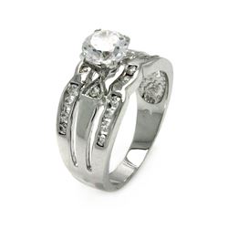 Rhodium Plated Brass 3 Row Clear Center CZ Engagement Ring bbr00074