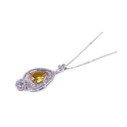 Sterling Silver Clear Champagne CZ Rhodium Plated pear shape Pendant Necklace bgp00160
