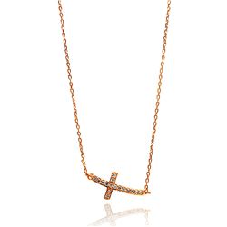 Sterling Silver Rose Gold Plated Sideways Cross CZ Necklace bgp00648