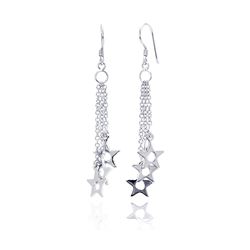 Sterling Silver Rhodium Plated Three Wire Dangling Open Stars Hook Earring dse00014