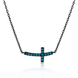 Sterling Silver Black Rhodium Plated Side way Cross Necklace With Synthetic Turquoise Stones - STP01