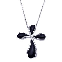 Sterling Silver Rhodium Plated Clear CZ Black Pear Cross Pendant Necklace -STP00890