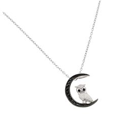 Sterling Silver Black Rhodium Plated Moon and Owl Pendant Necklace - STP01386