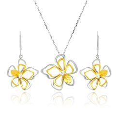 Sterling Silver Rhodium & Gold Plated Open Flower Outline Clear CZ Hook Earring & Necklace Set bgs00
