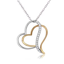 Sterling Silver Rhodium Plated 2 Toned Double Open Heart Necklace - BGP01096