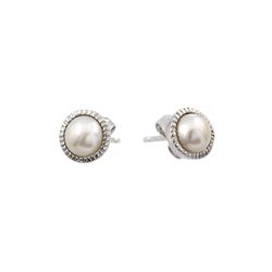Sterling Silver Rhodium Plated Round CZ Inlay Center Fresh Water Pearl Stud Earring BGE00404