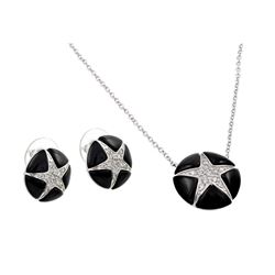 Silver Rhodium Plated Black Onyx Clear Star CZ Stud Earring & Necklace Set BGS00142
