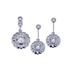 Sterling Silver Rhodium Plated Flower CZ Dangling Earring & Necklace Set sts00222
