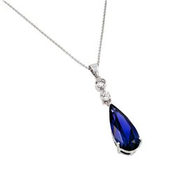 Sterling Silver Rhodium Plated Blue Teardrop CZ Dangling Necklace bgp00810b