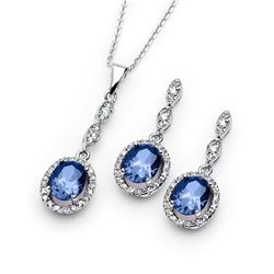 Sterling Silver Rhodium Plated Blue & Clear Oval CZ Dangling Stud Earring & Dangling Necklace Set bg