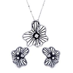 Sterling Silver Rhodium & Black Rhodium Plated Clear Flower CZ Stud Earring & Necklace Set bgs00155