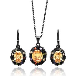 Brass Black Rhodium Plated Champagne Center CZ Oval Stone Multiple Color Necklace & Earring Set sbs0