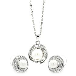 Sterling Silver Rhodium Plated Clear Baguette CZ Pearl Center Stud Earring & Necklace Set BGS00207
