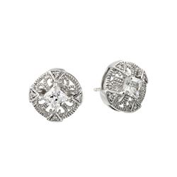 Sterling Silver Rhodium Plated CZ Horn Pattern Triangles Square CZ Earring STE00972