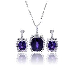 Sterling Silver Rhodium Plated Purple & Clear Rectangular CZ Dangling Stud Earring & Necklace Set bg