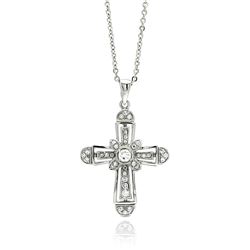 Rhodium Plated Brass Cross Round Clear CZ Pendant Necklace bbp00127