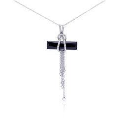 Sterling Silver Rhodium Plated Black CZ Hanging Strand Pendant Necklace stp00465blk