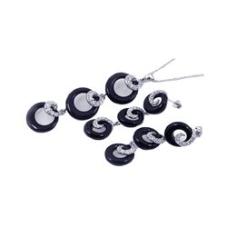 Sterling Silver Rhodium Plated Multiple Graduated Circle Black Onyx CZ Stud Earring & Necklace Set s
