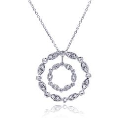 Sterling Silver Clear CZ Rhodium Plated Double Circle Pendant Necklace stp00357