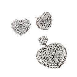 Sterling Silver Rhodium Plated Clear Micro Pave Heart CZ Stud Earring & Dangling Necklace Set gms000