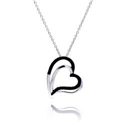 Sterling Silver Black Rhodium & Rhodium Plated Double Black Heart CZ Necklace bgp00181