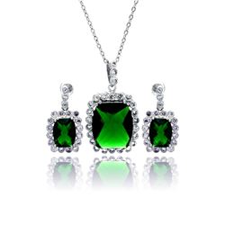 Sterling Silver Rhodium Plated Green & Clear Rectangular CZ Dangling Stud Earring & Necklace Set bgs