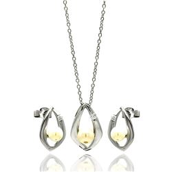 Sterling Silver Rhodium Plated Open Teardrop Center Pearl Stud Earring & Necklace Set sts00446