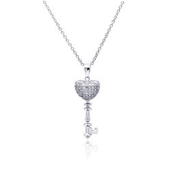 Sterling Silver Rhodium Plated Heart Key CZ Necklace bgp00366