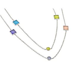Sterling Silver Rhodium Plated Multi-Color Square and Round Pendant Necklace BGP00925
