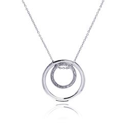 Sterling Silver Clear CZ Rhodium Plated Double Circle Pendant Necklace stp00108