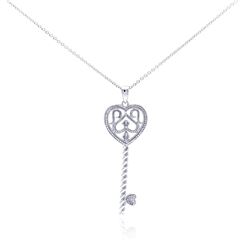 Sterling Silver Rhodium Plated Clear Diamond Key Pendant Necklace stp01041