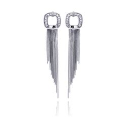 Sterling Silver Rhodium Plated CZ Rectangular Dangling Strand Earring ste00037