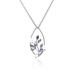 Sterling Silver Rhodium Plated Open Marqui Center Flower CZ Pearl Necklace bgp00479