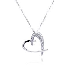 Sterling Silver Clear CZ Rhodium Plated Heart Pendant Necklace bgp00096