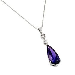 Sterling Silver Rhodium Plated Teardrop Purple CZ Dangling Necklace bgp00810p