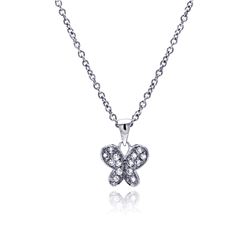 Sterling Silver Rhodium Plated Clear CZ Butterfly Pendant Necklace stp00756